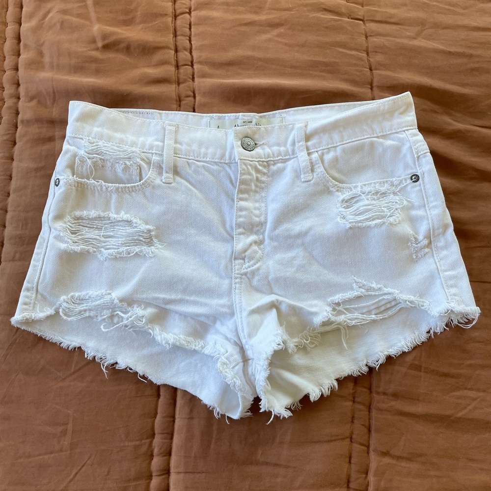 Abercrombie and Fitch Distressed White Denim Shorts, Size 27